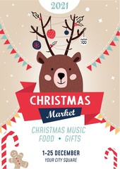 Christmas market poster template with bear vector illustration. Christmas music food and gifts flat style. Address information about festive event. Colourful announcement. Happy new year concept