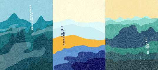 Vector illustration landscape. Wood surface texture. Mountain peaks, water in desert, green hills. Line pattern. Mountain background. Asian style. Design for poster, book cover, web template, brochure