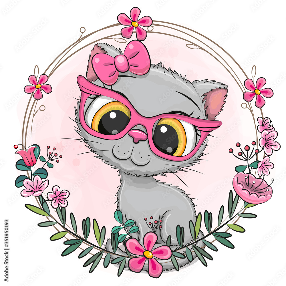 Cartoon Gray kitten with a floral wreath - obrazy, fototapety, plakaty 