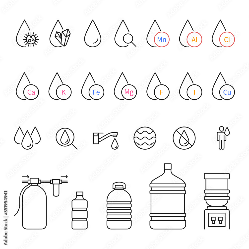 Water icons set. Minerals, structure, bottles. Stock Vector | Adobe Stock