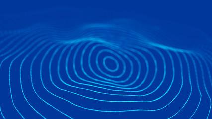 Poster - Sound wave. Abstract current wave surface of ring circumferential lines. Data technology illustration. Big data visualization. 3d rendering.
