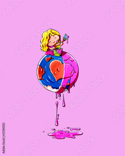 Cuadros en Lienzo young blond girl, with a brush in her hand and a bucket of paint, paints a plane