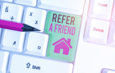 Poster - Conceptual hand writing showing Refer A Friend. Concept meaning direct someone to another or send him something like gift