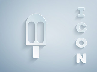 Sticker - Paper cut Ice cream icon isolated on grey background. Sweet symbol. Paper art style. Vector