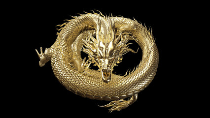 Wall Mural - full body gold dragon in coin body pose with 3d rendering include alpha path.
