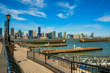 New York, USA - MAY 2, 2020: North Cove Marina at Brookfield Place with New Jersey on backgrounder