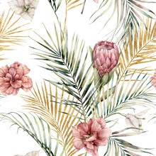 Watercolor Seamless Pattern With Protea, Hibiscus, Bougainvillea And Golden Palm Leaves. Hand Painted Tropical Flowers Isolated On White Background. Floral Illustration For Design, Print, Background.