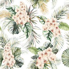 Watercolor seamless pattern with orchids, monstera and coconut golden leaves. Hand painted tropical flowers isolated on white background. Floral illustration for design, print or background.