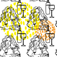 
Seamless pattern girl with wine. Funny actual print.