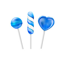 Blue Lollipops Candy Sweet Isolated On White Background. In The Shape Of Heart-shaped Spiral And Ball