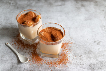 Wall Mural - Tiramisu, traditional Italian dessert in glass on a grey stone background. Copy space.