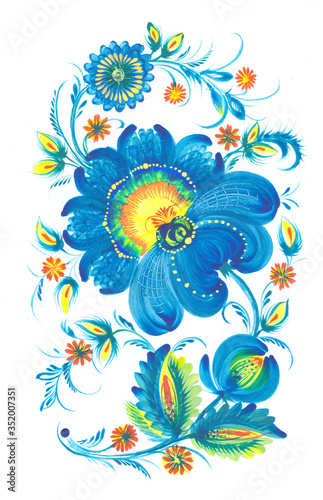 Decorative folk art illustration national style petrykivka painting blue hand-dr Tableau sur Toile