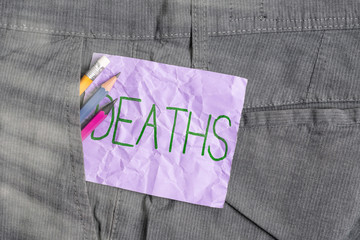 Conceptual hand writing showing Deaths. Concept meaning permanent cessation of all vital signs, instance of dying individual Writing equipment and purple note paper inside pocket of trousers