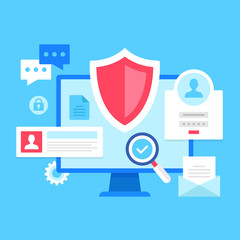 Leinwandbilder - Cyber security. Vector illustration. Cybersecurity, computer security, data protection, safety concepts. Modern flat design. Computer with shield, login form, document, email, lock, etc.