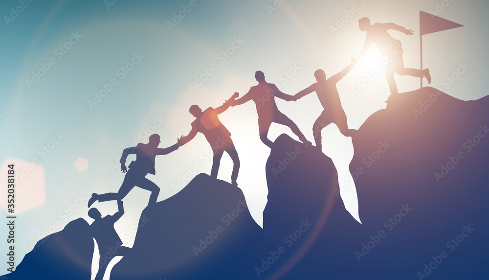 Concept of teamwork with team climbing mountain top - obrazy, fototapety, plakaty 