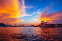 Sunset Over The Sea Miami Florida Orange Boat Ocean Water Beautiful 