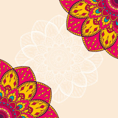 Wall Mural - indian boho vector diagonal corners with lace mandala in center for copy space.