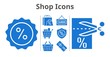 © crysis.design - shop icons set. included shopping bag, voucher, shopping cart, discount, closed, warranty, shopping-basket icons. filled styles.