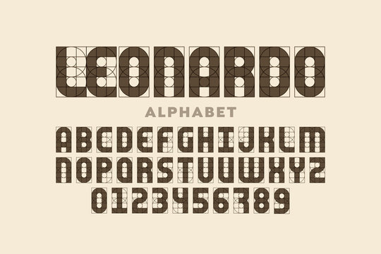 Modern font design based on certain guidelines, alphabet letters and numerals