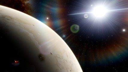 beautiful alien planet in far space, realistic exoplanet, planet similar to Earth, detailed planet surface, space background 3d render