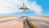 Fototapeta Storczyk - White Passenger plane fly up over take-off runway from airport 