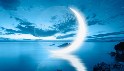 Poster - Abstract background - Crescent moon over the sea with lot of stars and nebula at night 