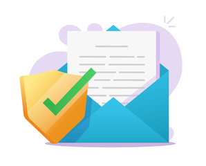 Aufkleber - Email document secure shield icon or electronic mail file digital protection symbol vector flat cartoon illustration, concept of internet web safety, antivirus security software verified modern image