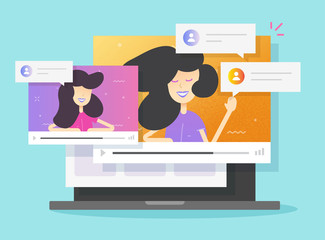 Poster - video call conference online and two female people talking on laptop computer or internet web distan