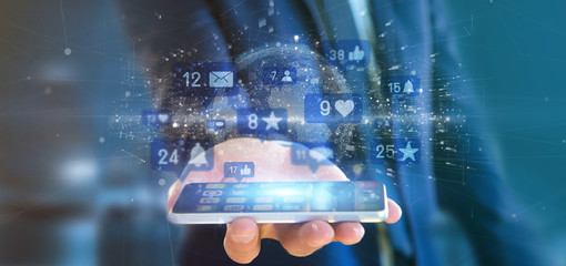 Poster - Businessman holding Social network notifications - 3d rendering