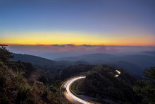 Doi Inthanon National Park In The Sunrise In The Morning At Chiang Mai, Thailand With The Curve Of Road Travel Beautiful.
