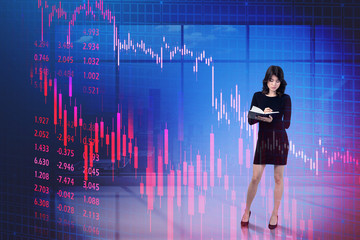 Poster - Serious writing businesswoman, falling graph