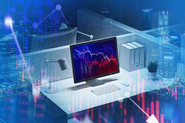 Poster - Computer in office, falling digital graph, crisis