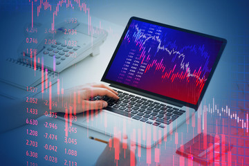 Poster - Businessman using laptop, falling graph