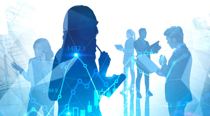 Poster - Woman with notebook in city, her team and graph