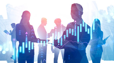 Poster - Diverse business people in city, growing graph
