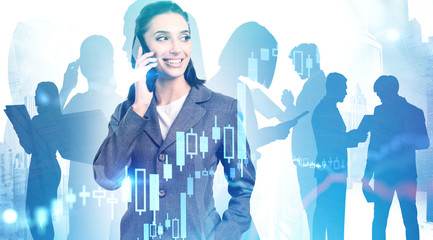 Poster - Woman on phone and her team, growing graph