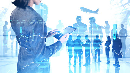 Poster - Woman with tablet and her team, digital graph