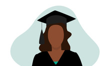 Vector Illustration Of Black Woman In Graduation Cap With Tassel And Gown With Green Shirt Under And An Abstract Blob Behind, Isolated On White Background. Great For Graduate Celebrations And Banners.