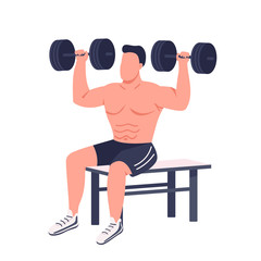 Poster - Bodybuilder lifting dumbbells flat color vector faceless character. Muscular sportsman working out isolated cartoon illustration for web graphic design and animation. HIIT, intense training at home