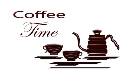 Wall Mural - Coffee pot and two cups of coffee, flat design, vector illustration, poster, banner.