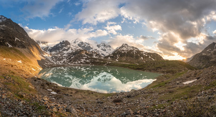 Wall Mural - glacier lake in switzerland in the alps during in the evening sky with clouds and warm lights and a lonely tree