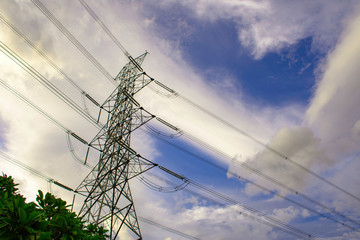 Electricity pole against sunset sky, Transmission line of electricity to rural with green tree, High voltage electricity pole with nature background, electricity transmission pylon