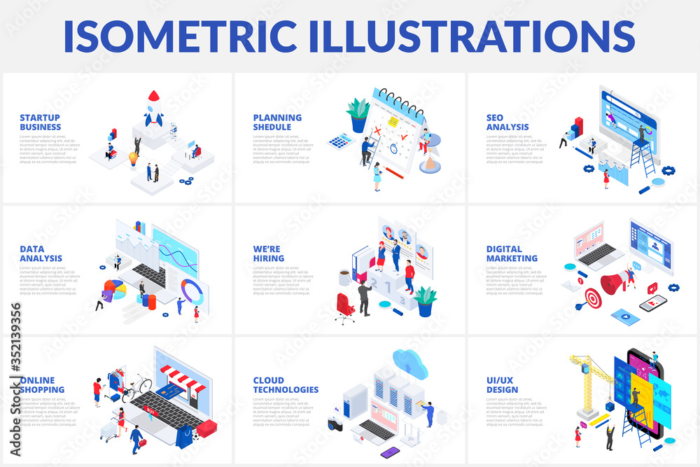 Isometric 3d illustrations set. Online shopping, planning, data analysis and startup business with characters - obrazy, fototapety, plakaty 