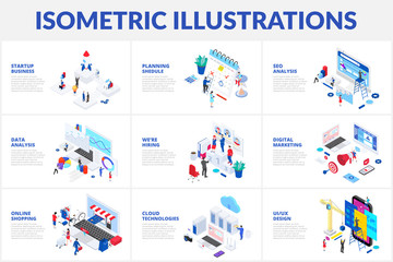Poster - Isometric 3d illustrations set. Online shopping, planning, data analysis and startup business with characters