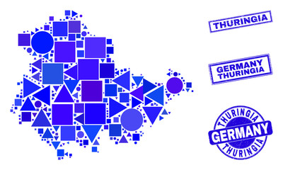 Canvas Print - Vector mosaic Thuringia Land map. Geographic plan in blue color tones, and grunge round and rectangle stamp seals. Abstract mosaic of Thuringia Land map composed of round, triangles,
