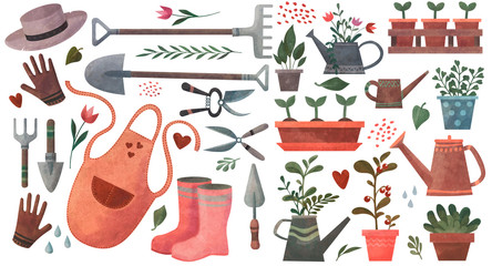 Wall Mural - Set of tools and equipment for gardening. Potted plants, watering can, apron, shovel, wheelbarrow, dig, gloves, gardening, nippers, scissors. Elements for design, packaging, cards, stickers