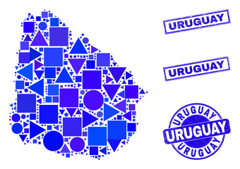 Poster - Vector mosaic Uruguay map. Geographic scheme in blue color tints, and unclean round and rectangle stamp seals. Abstract mosaic of Uruguay map composed of round, tringle, square geometric items.