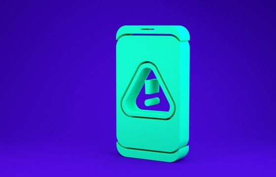 Green Mobile phone with exclamation mark icon isolated on blue background. Alert message smartphone notification. Minimalism concept. 3d illustration 3D render