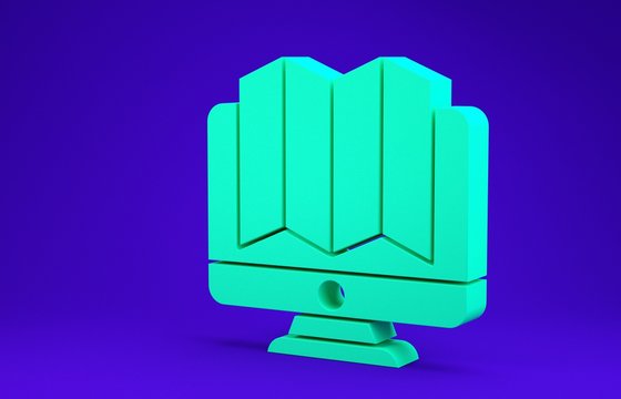 Green Location of the forest on a map in monitor icon isolated on blue background. Minimalism concept. 3d illustration 3D render