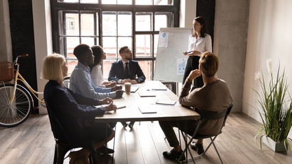 Wall Mural - Confident businesswoman coach presenting project statistics on flip chart at corporate meeting in boardroom, mentor leader explaining strategy to diverse employees, training staff at workshop